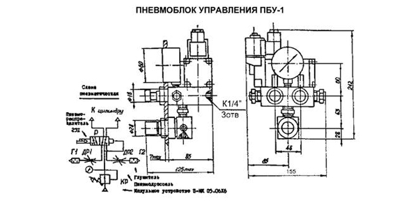 Размерыпневмоблока управления ПБУ-1